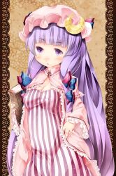  blush book bow commentary_request crescent crescent_hat_ornament female hairbow hat hat_ornament long_hair long_sleeves patchouli_knowledge purple_eyes purple_hair solo sugiyuu touhou 