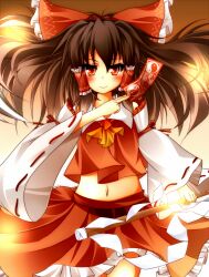  ascot bad_id bad_pixiv_id blush bow brown_hair daidai_ookami detached_sleeves female gohei hairbow hakurei_reimu midriff midriff_peek navel ofuda orange_eyes red_bow short_hair smile solo touhou wide_sleeves 