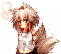  animal_ears bad_id bad_pixiv_id blush brown_eyes daidai_ookami detached_sleeves female grey_hair hat heart inubashiri_momiji navel short_hair smile solo tail tail_wagging tokin_hat touhou wolf_ears wolf_tail 