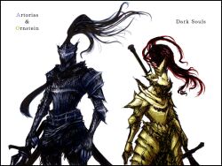  2boys armor artorias_the_abysswalker commentary_request dark_souls_(series) dark_souls_i dragon_slayer_ornstein full_armor gauntlets helmet knight male_focus minire multiple_boys plume polearm spear sword weapon 