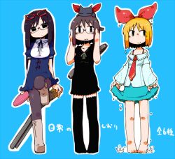  3girls :3 annaka_haruna bandana bare_shoulders barefoot black_hair brown_hair commentary_request dress feline full_body glasses gun hair_ribbon head_tilt leg_up looking_at_viewer masha minakami_mai multiple_girls necktie nichijou on_head orange_hair ribbon sakamoto_(nichijou) shinonome_nano shotgun smile standing standing_on_one_leg sunglasses thighhighs toes translation_request weapon zettai_ryouiki 