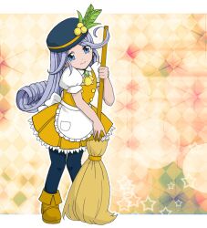  alternate_costume apron blue_eyes broom cravat dress female frills grey_hair hat long_hair mel_(tales) pantyhose shoes smile star tales_of_(series) tales_of_phantasia:_narikiri_dungeon_x 