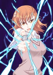  aiming aiming_at_viewer breasts brown_eyes brown_hair brown_sweater brown_sweater_vest brown_vest coin commentary_request electricity electrokinesis female hair_ornament hairpin holding holding_coin incoming_attack kurogane_(blackxsilver) medium_breasts medium_hair metal misaka_mikoto no_emblem outstretched_arm psychic railgun_(misaka_mikoto) school_uniform science_fiction sleeveless sleeveless_sweater solo summer_uniform sweater sweater_vest toaru_kagaku_no_railgun toaru_majutsu_no_index tokiwadai_school_uniform vest 