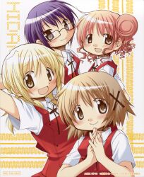  4girls :d absurdres aoki_ume blonde_hair blue_hair blush brown_eyes brown_hair double_bun glasses hair_bun hair_ornament hidamari_sketch highres hiro_(hidamari_sketch) looking_at_viewer miyako_(hidamari_sketch) multiple_girls official_art open_mouth red_hair sae_(hidamari_sketch) scan school_uniform short_hair smile yuno_(hidamari_sketch) 