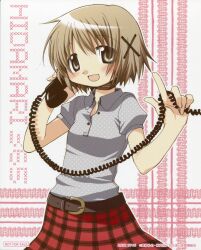  :d absurdres aoki_ume belt brown_eyes brown_hair casual corded_phone female hair_ornament hairclip hidamari_sketch highres official_art open_mouth phone short_hair skirt smile solo x_hair_ornament yuno_(hidamari_sketch) 