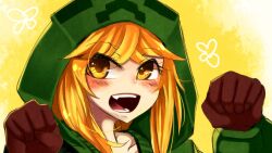  at2. blonde_hair clenched_hands commentary_request creeparka creeper female gloves highres minecraft open_mouth photoshop_(medium) solo teeth upper_body yellow_eyes 