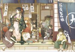  2boys 5girls bored commentary_request dango eating feline food gong himura_kenshin japanese_clothes kamiya_kaoru lamp multiple_boys multiple_girls myoujin_yahiko natsu_mikan_(level9) ponytail rurouni_kenshin sanshoku_dango shinai stool sword wagashi weapon 