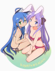  2girls ahoge animal_ears bikini blue_hair blush commentary_request fake_animal_ears fake_tail green_eyes halterneck hiiragi_kagami holding_hands interlocked_fingers izumi_konata light_purple_hair long_hair looking_at_viewer lucky_star mel_(melty_pot) mole mole_under_eye multiple_girls purple_eyes side-tie_bikini_bottom smile string_bikini swimsuit tail twintails 