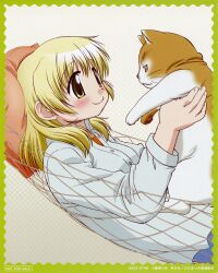  absurdres artist_request blonde_hair blush casual feline female hammock hidamari_sketch highres miyako_(hidamari_sketch) official_art pillow scan smile yellow_eyes 