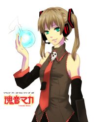  alternate_costume blonde_hair crossover detached_sleeves female green_eyes hatsune_miku_(cosplay) headphones maka_albarn microphone necktie smile solo soul_eater tie twintails vocaloid 