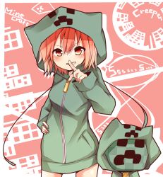  commentary_request creeparka creeper female hood hoodie minecraft personification red_eyes red_hair tosura-ayato 