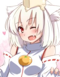  animal_ears butter commentary_request detached_sleeves female food fruit inubashiri_momiji object_on_head oerba_yun_fang one_eye_closed open_mouth orange_(fruit) red_eyes smile solo tori_(minamopa) touhou white_hair wolf_ears 