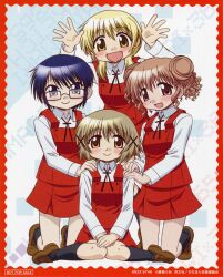  4girls :d absurdres artist_request blonde_hair blue_eyes blue_hair blush brown_eyes brown_hair double_bun glasses hair_bun hair_ornament hairclip hidamari_sketch highres hiro_(hidamari_sketch) loafers looking_at_viewer miyako_(hidamari_sketch) multiple_girls official_art open_mouth pink_hair red_eyes sae_(hidamari_sketch) scan school_uniform shoes short_hair skirt smile yellow_eyes yuno_(hidamari_sketch) 