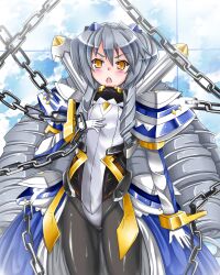  black_legwear blush bodysuit chains drill_hair female female hair_ornament highres kyoukai_senjou_no_horizon kyoukaisenjou_no_horizon long_hair nate_mitotsudaira neito_mitotsudaira silver_hair solo very_long_hair yellow_eyes 