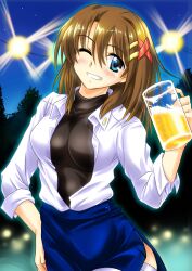  alcohol alternate_legwear beer blue_eyes blush breasts brown_hair commentary_request drunk female grin hair_ornament hair_ribbon hand_on_own_hip large_breasts lyrical_nanoha mahou_senki_lyrical_nanoha_force military military_uniform one_eye_closed open_clothes open_shirt pencil_skirt photoshop_(medium) ribbon san-pon shirt short_hair skirt smile solo thighhighs tsab_naval_military_uniform uniform x_hair_ornament yagami_hayate 