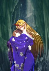  2girls alternate_hair_color blonde_hair brown_hair closed_eyes commentary_request green_eyes horns hoshiguma_yuugi hoshiguma_yuugi_(kimono) japanese_clothes kimono long_hair mizuhashi_parsee multiple_girls pointy_ears san_(artist) short_hair single_horn touhou 