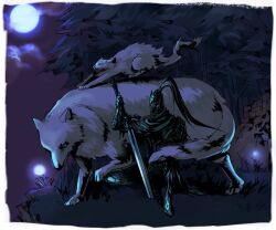  1boy alvina_of_the_darkroot_wood armor artorias_the_abysswalker bad_id bad_pixiv_id commentary_request dark dark_souls_(series) dark_souls_i feline forest full_armor full_moon gauntlets great_grey_wolf_sif helmet knight male_focus moon nature night night_sky nira_(nira_box) sitting sky sword tail weapon wolf 