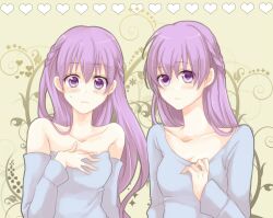  bare_shoulders blue_dress blush collarbone commentary_request detached_sleeves dress dual_persona female fire_emblem fire_emblem:_the_binding_blade frown hand_on_own_chest heart konoha2014 long_hair long_sleeves look-alike purple_eyes purple_hair smile sophia_(fire_emblem) strapless strapless_dress upper_body 