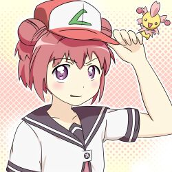  akaza_akari baseball_cap cherrim cherrim_(sunshine) commentary_request crossover double_bun female hair_bun hat highres looking_at_viewer marina_(mitsuba) nanamori_school_uniform pokemon pokemon_(creature) red_hair satoshi_(pokemon) school_uniform serafuku short_hair sig_(sfried) skirt smirk yuru_yuri 