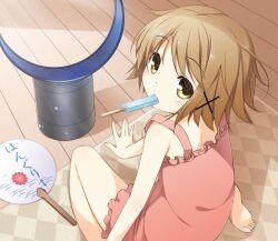  barefoot bladeless_fan blush brown_hair commentary_request dyson_(company) female food hair_ornament hand_fan hidamari_sketch hot looking_at_viewer looking_back mouth_hold paper_fan popsicle short_hair sitting solo uchiwa wariza x_hair_ornament yellow_eyes yume_no_owari yuno_(hidamari_sketch) 