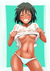  ^_^ bad_id bad_pixiv_id black_hair blush breasts closed_eyes clothes_lift contrapposto dark-skinned_female dark_skin female grin groin highres idolmaster idolmaster_cinderella_girls medium_breasts natalia_(idolmaster) navel panties shirt_lift short_hair smile solo standing underboob underwear white_panties youhei_(testament) 