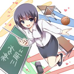  ball bare_legs basketball basketball_(object) black_hair blue_eyes chair chalkboard commentary_request desk female heart kamekichi_(kamekiti) kami_nomi_zo_shiru_sekai long_hair miniskirt nagase_jun pencil_skirt pointer school_desk scrunchie side_ponytail skirt smile solo teacher 