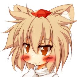  animal_ears bad_id bad_pixiv_id blush brown_eyes closed_mouth daidai_ookami female hat inubashiri_momiji portrait short_hair slit_pupils smile solo tokin_hat touhou white_background wolf_ears 