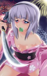  aerial_fireworks bags_under_eyes blue_eyes blush breasts commentary_request condom condom_in_mouth female fireworks grey_hair hair_ribbon high_heels highres japanese_clothes kimono konpaku_youmu lilybell medium_breasts mouth_hold no_bra off_shoulder pink_kimono reverse_grip ribbon shoes short_hair short_sword solo sword tantou touhou weapon yukata 