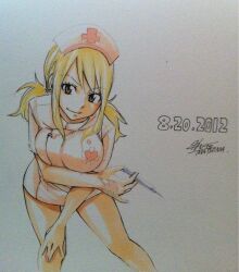  alternate_costume blonde_hair breasts brown_eyes commentary_request dated fairy_tail female hat heart large_breasts leaning_forward lucy_heartfilia mashima_hiro md5_mismatch nurse nurse_cap official_art signature smile solo syringe tattoo traditional_media twintails 