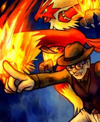  2012 anthro avian bird black_eyes blaziken blue_eyes clothing digital_media_(artwork) duo fire generation_3_pokemon hat haychel headgear headwear hi_res human male mammal nintendo pokemon pokemon_(species) red_body 