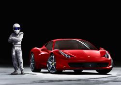  1boy car commentary_request crossed_arms ferrari ferrari_458_italia helmet male_focus motor_vehicle racing_suit realistic recaro solo sports_car the_stig top_gear vehicle_focus 