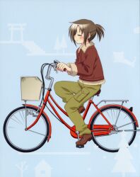  =_= absurdres basket bicycle bicycle_basket blue_background blush brown_footwear cargo_pants casual closed_eyes coat female from_side full_body fur-trimmed_jacket fur_trim green_pants hidamari_sketch highres itou_yoshiaki jacket landlady_(hidamari_sketch) long_sleeves official_art pants profile riding scan shoes short_hair short_ponytail smile solo 