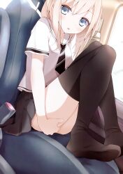  absurdres black_legwear blonde_hair blue_eyes blush car car_interior covering_ass covering_privates feet female hand_on_own_ass highres hugging_own_legs knees_up looking_at_viewer motor_vehicle necktie no_shoes oouso open_mouth original pleated_skirt scan school_uniform short_sleeves sitting skirt socks solo thighhighs 