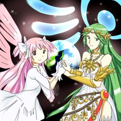  2girls commentary_request crossover holding_hands kaname_madoka kid_icarus kid_icarus_uprising looking_at_viewer mahou_shoujo_madoka_magica mahou_shoujo_madoka_magica_(anime) multiple_girls nintendo palutena shaft_(company) sig_(sfried) ultimate_madoka 