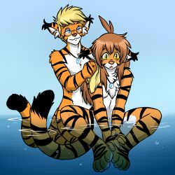  1:1 aggrobadger avoid_posting bath bathing countershading digital_media_(artwork) domestic_cat felid feline felis female flora_(twokinds) leoian_(character) male mammal pantherine tiger twokinds water 