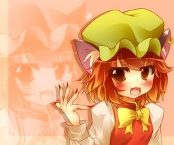  animal_ears bad_hands bad_id bad_pixiv_id blush brown_hair cat_ears chen daidai_ookami earrings female hat highres jewelry long_sleeves oerba_yun_fang open_mouth puffy_sleeves short_hair slit_pupils solo touhou yellow_eyes 