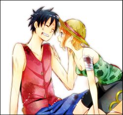  1boy bandage black_hair blood camisole east_blue female hat injury kanasuke monkey_d_luffy nami nami_(one_piece) one_piece orange_hair red_vest scar shorts smile straw_hat tears vest 