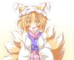  bad_id bad_pixiv_id blonde_hair blush daidai_ookami female fox_tail hat highres long_sleeves multiple_tails oerba_yun_fang open_mouth short_hair slit_pupils solo tail touhou white_background wide_sleeves yakumo_ran yellow_eyes 