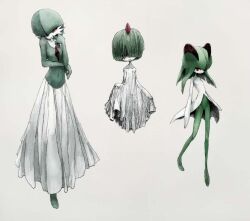  3girls commentary_request dress evolutionary_line gardevoir gown green_hair hair_over_eyes hair_over_one_eye kirlia multiple_girls navel pokemon pokemon_(creature) ralts red_eyes simple_background toi_(number8) 