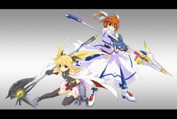  2girls armor bardiche_(bullova_form)_(nanoha) bardiche_(nanoha) bare_shoulders blonde_hair blue_eyes brown_hair cape commentary_request dress fate_testarossa fate_testarossa_(blaze_form) fingerless_gloves full_body gloves hair_ribbon letterboxed long_hair lyrical_nanoha magical_girl mahou_shoujo_lyrical_nanoha mahou_shoujo_lyrical_nanoha_a&#039;s mahou_shoujo_lyrical_nanoha_the_movie_2nd_a&#039;s multiple_girls photoshop_(medium) puffy_sleeves raising_heart raising_heart_(bustercanon_mode) red_eyes ribbon short_twintails skirt takamachi_nanoha takamachi_nanoha_(sacred_mode)_(2nd) thighhighs twintails virginia18 