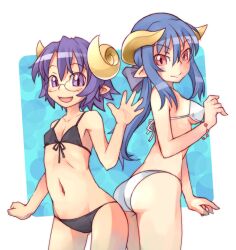  2girls ass bikini black_bikini blue_hair blush_stickers bow commentary_request demon_horns front-tie_top glasses hair_between_eyes hairbow horns ibarahime_shizuka long_hair looking_at_viewer looking_back multiple_girls navel open_mouth pointy_ears pori_(poritan81) purple_eyes purple_hair red_eyes ryuuguuji_shigure shinrabanshou short_hair sidelocks smile swimsuit waving white_bikini 