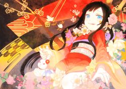  bad_id bad_pixiv_id black_hair blue_eyes commentary_request crossed_arms daffodil fangs female flower hair_flower hair_ornament japanese_clothes kimono licking_lips long_hair magnolia okari original photoshop_(medium) rabbit solo straight_hair tongue tongue_out yagasuri 