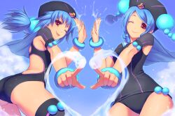  2girls ;) ass bad_id bad_pixiv_id bangle black_legwear blue_hair blue_nails bracelet braid cape hair_bobbles hair_ornament hat heart high_five jewelry long_hair looking_at_viewer multiple_girls nail_polish one-piece_swimsuit one_eye_closed original outstretched_arms piro_(orip) red_eyes smile swimsuit thighhighs tongue twin_braids water 