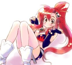  animal animal_between_breasts between_breasts bikini_top boota boots breasts fingerless_gloves gloves hair_ornament large_breasts long_hair pandaki_(aki) ponytail red_hair tengen_toppa_gurren_lagann thighhighs yellow_eyes yoko_littner 