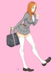  absurdres artist_request bleach blue_eyes female highres inoue_orihime legwear long_hair orange_hair pink_background school_uniform simple_background skirt solo v white_legwear 