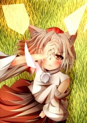  animal_ears bad_id bad_pixiv_id blush daidai_ookami detached_sleeves female grass grey_hair hat inubashiri_momiji short_hair slit_pupils solo tokin_hat touhou wide_sleeves wolf_ears yellow_eyes 