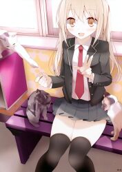  :d absurdres animal bench black_legwear blazer blonde_hair blush feline female highres jacket long_hair looking_at_viewer necktie oouso open_clothes open_jacket open_mouth orange_eyes original pleated_skirt scan school_uniform sitting skirt smile thighhighs v 