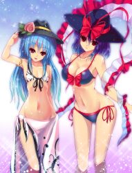  2girls bad_id bad_pixiv_id bare_legs bare_shoulders bikini blue_hair breasts cleavage flat_chest food fruit hat highres hinanawi_tenshi large_breasts long_hair multiple_girls nagae_iku navel peach pink_sarong print_sarong purple_hair red_eyes sarong shawl side-tie_bikini_bottom sousakubito swimsuit touhou very_long_hair 