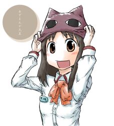  :d azumanga_daiou bad_id bad_pixiv_id blush bow brown_eyes brown_hair copyright_name female hat kasuga_ayumu kotobuki_(tiny_life) long_hair looking_at_viewer name_tag no_nose open_mouth simple_background smile solo 