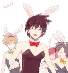  2011 4boys angry animal_ears bad_id bad_pixiv_id black_hair blue_oak blush crossdressing embarrassed ethan_(pokemon) hirosuke_(psychexx) male_playboy_bunny multiple_boys necktie open_mouth pokemon pokemon_adventures rabbit_ears red_(pokemon) red_hair ribbon short_hair silver_(pokemon) simple_background smile sweatdrop 